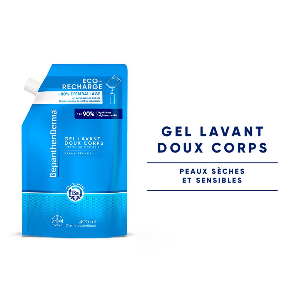 Recharge bleue BepanthenDerma. Gel Lavant Doux Corps, Peaux Seches et Sensibles. Label Eco-Recharge. 400 ml.