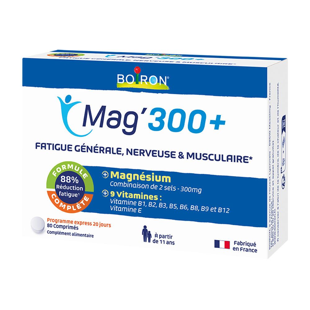 Boîte de Mag'300+ de BOIRON. Emballage bleu et blanc avec informations et logo. Contient 90 comprimés.