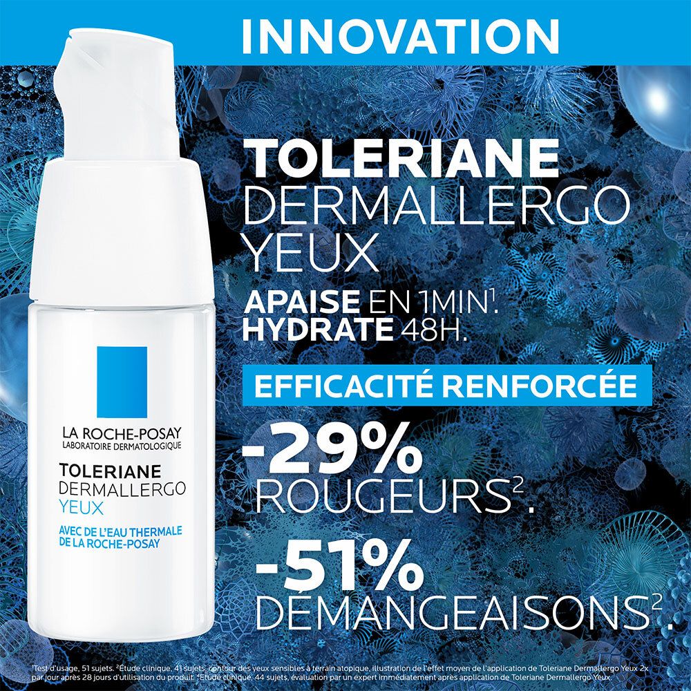Tube de soin pour les yeux avec texte : Apaise en 1 min., hydrate 48h, réduit les rougeurs et les démangeaisons. La Roche-Posay, Toleriane Dermallergo Yeux.