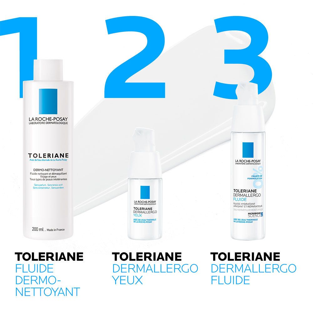 Trois produits côte à côte. Toleriane Flude Dermo-Nettoyant, Toleriane Dermallergo Yeux, Toleriane Flude. La Roche-Posay.