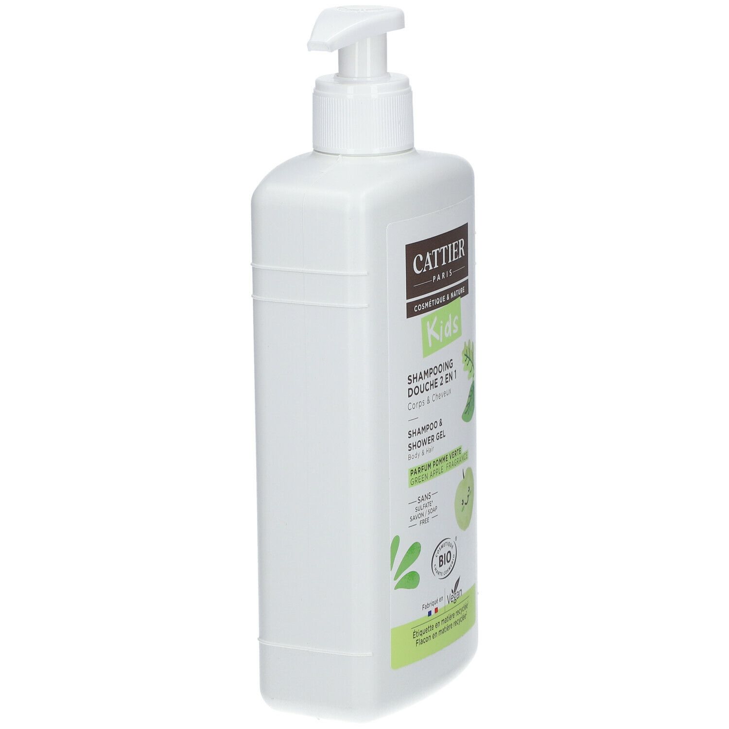 Flacon blanc avec pompe. Inscription: CATTIER PARIS, Kids, Shampooing Douche 2 en 1, Pomme verte. Label Bio.