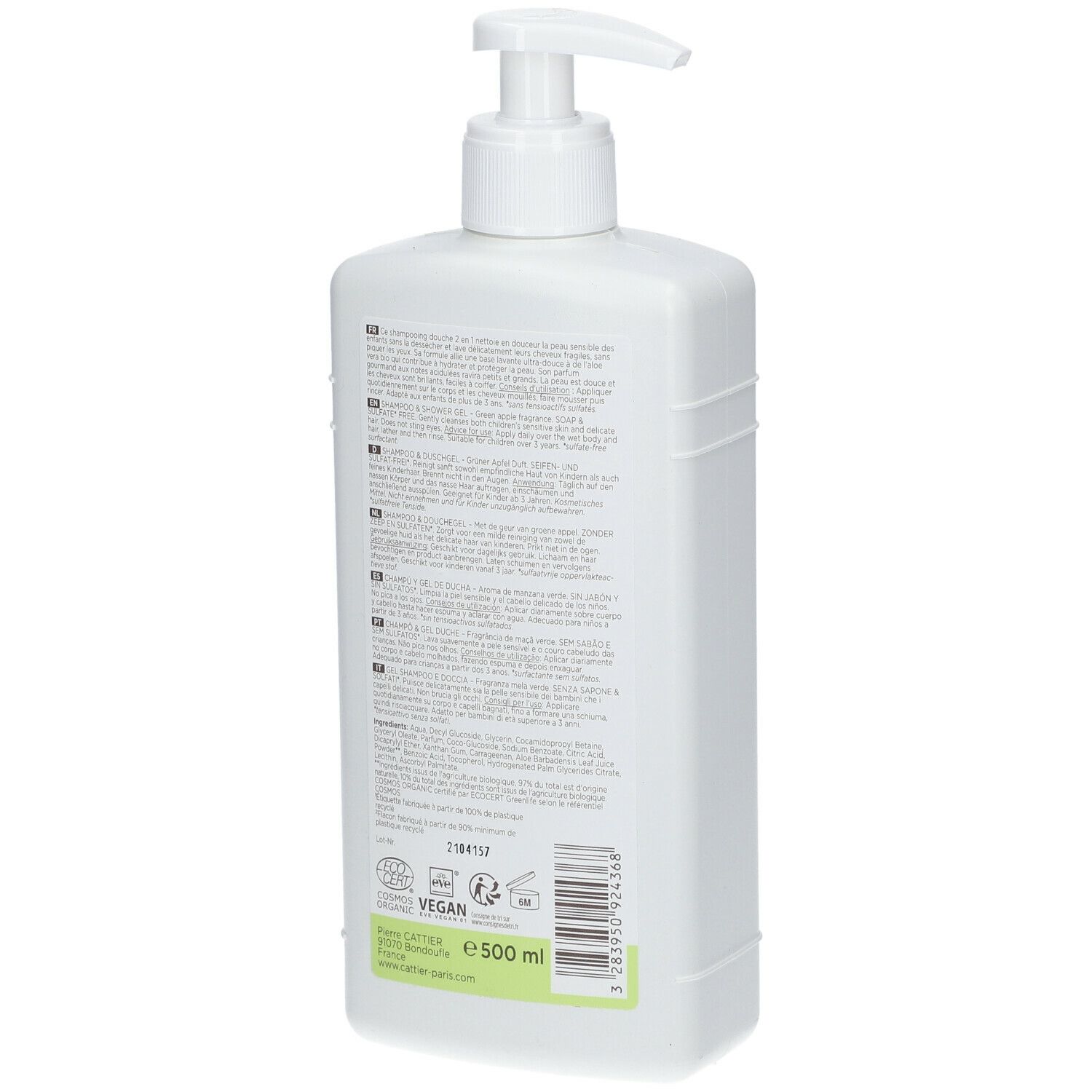 Dos du flacon blanc avec texte multilingue. Inscription: Vegan, 500 ml.