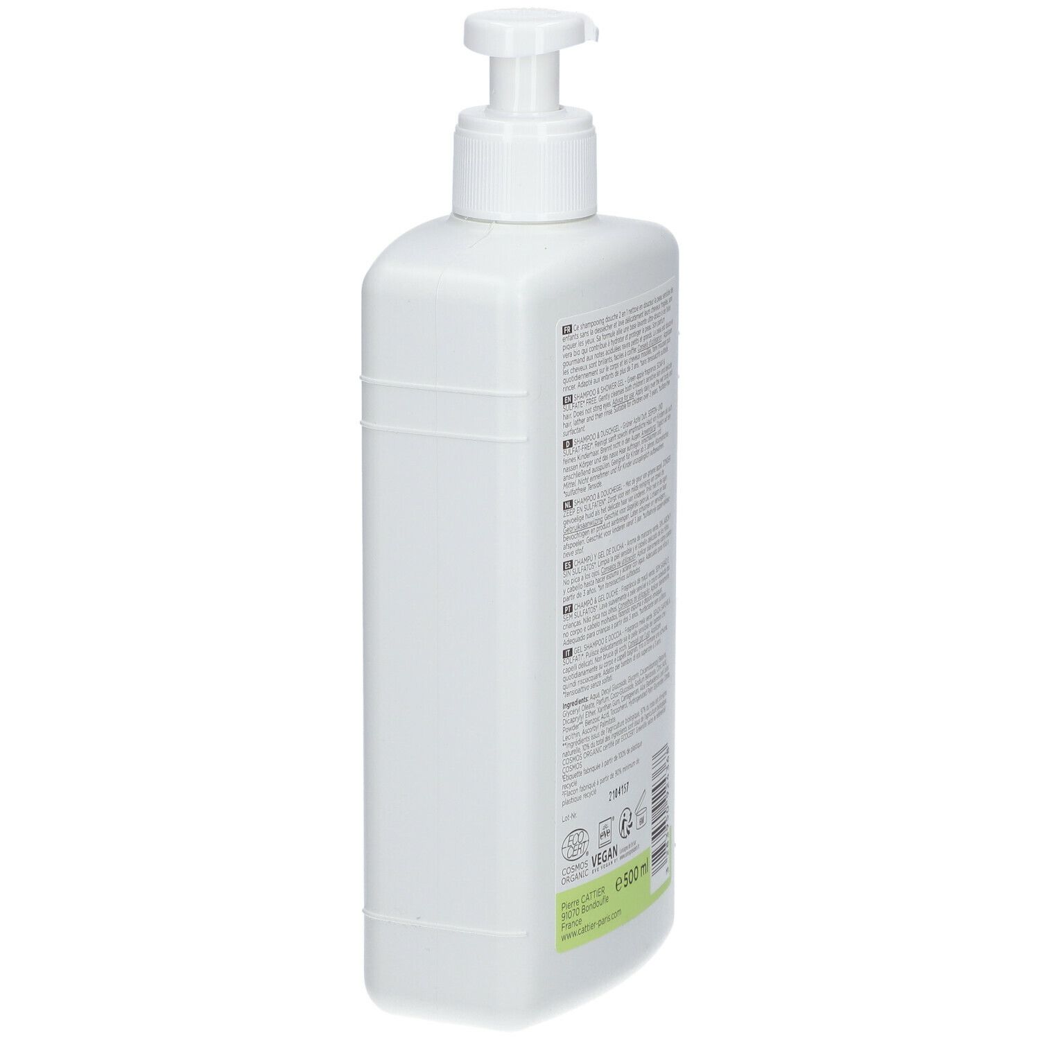 Dos du flacon blanc avec texte multilingue. Inscription: Vegan, 500 ml.