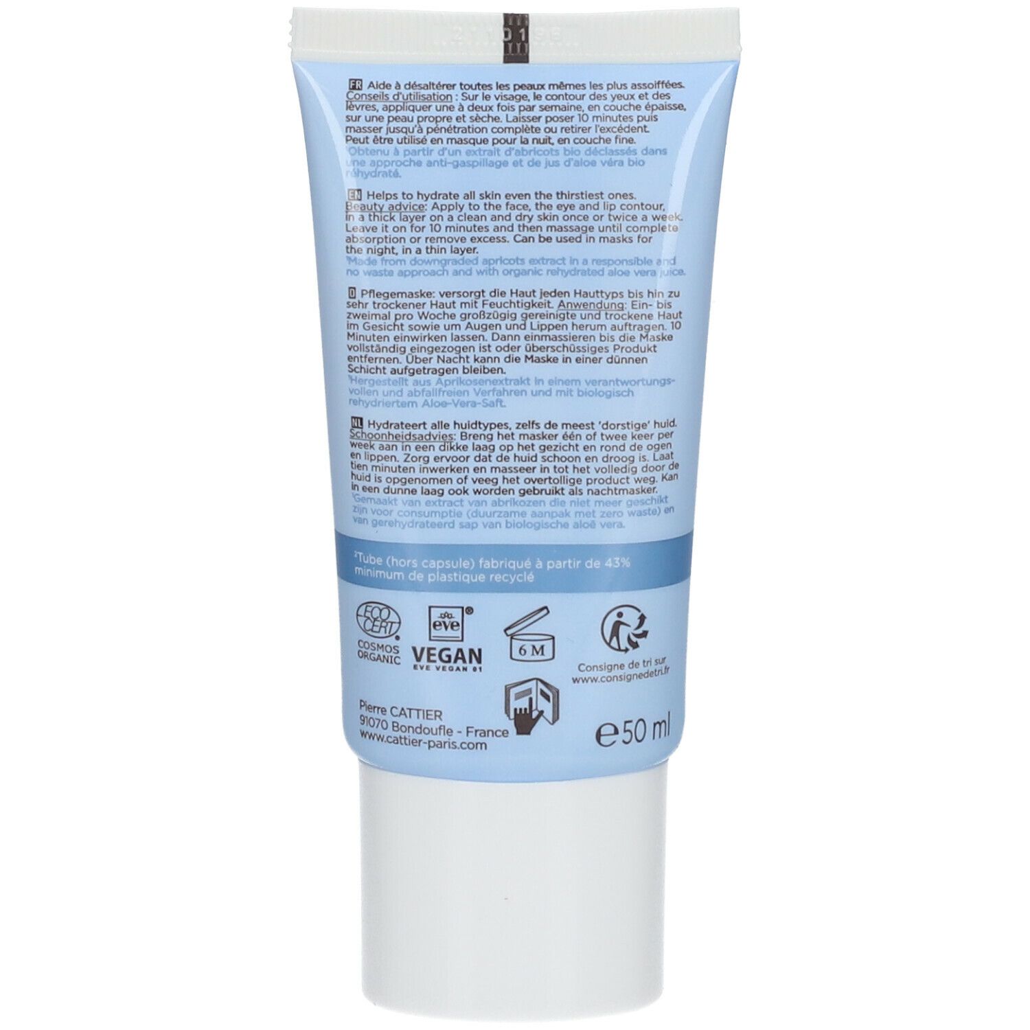 Dos du tube bleu clair. Texte multilingue. Logos : Vegan, Ecocert, symbole de recyclage. Volume : 50 ml.