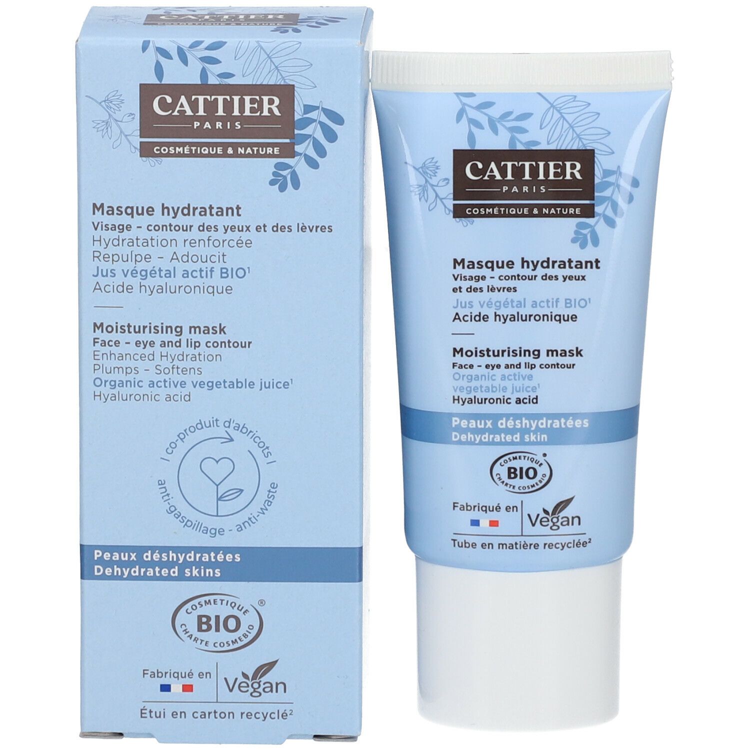Boîte et tube bleus clairs. Sur la boîte : nom CATTIER, Masque hydratant, Moisturising mask. Label Vegan.
