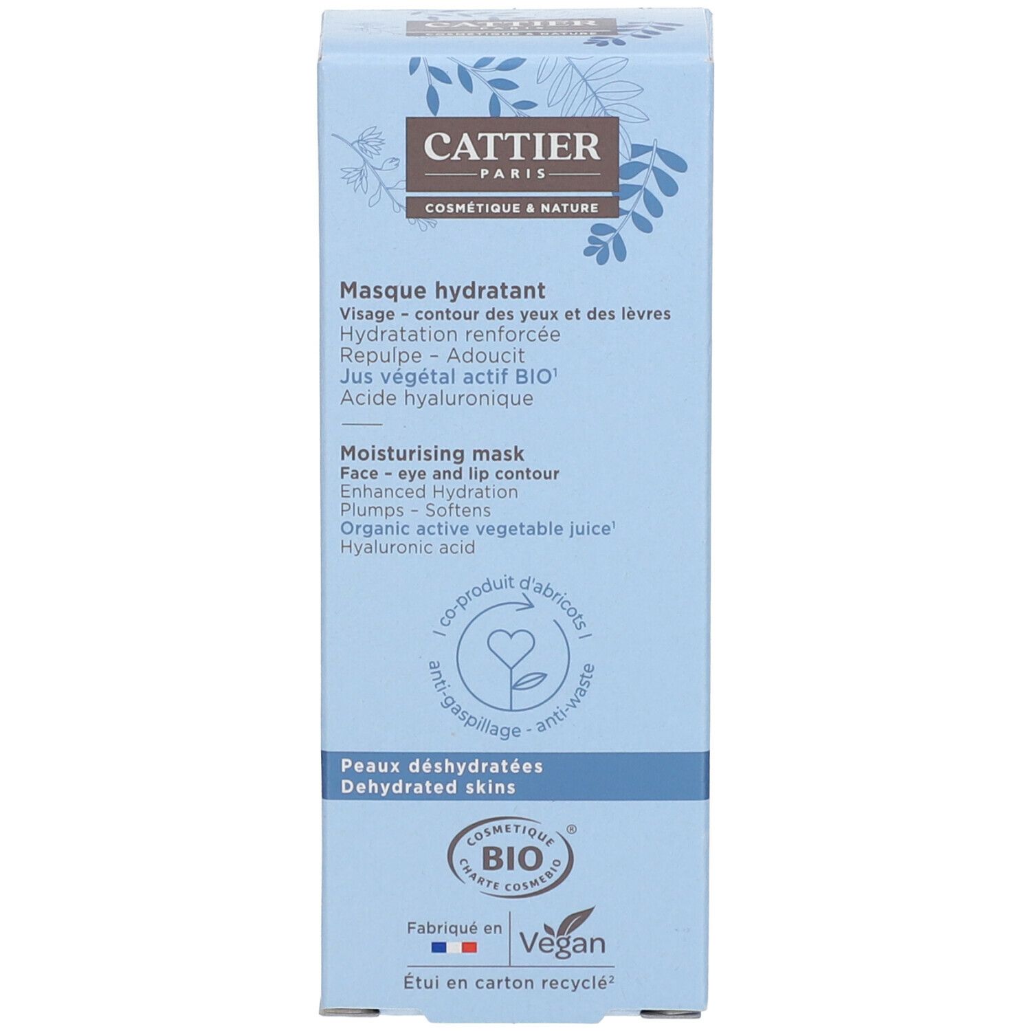 Boîte bleu clair. Nom CATTIER, Masque hydratant, Moisturising mask. Texte multilingue. Label Vegan.