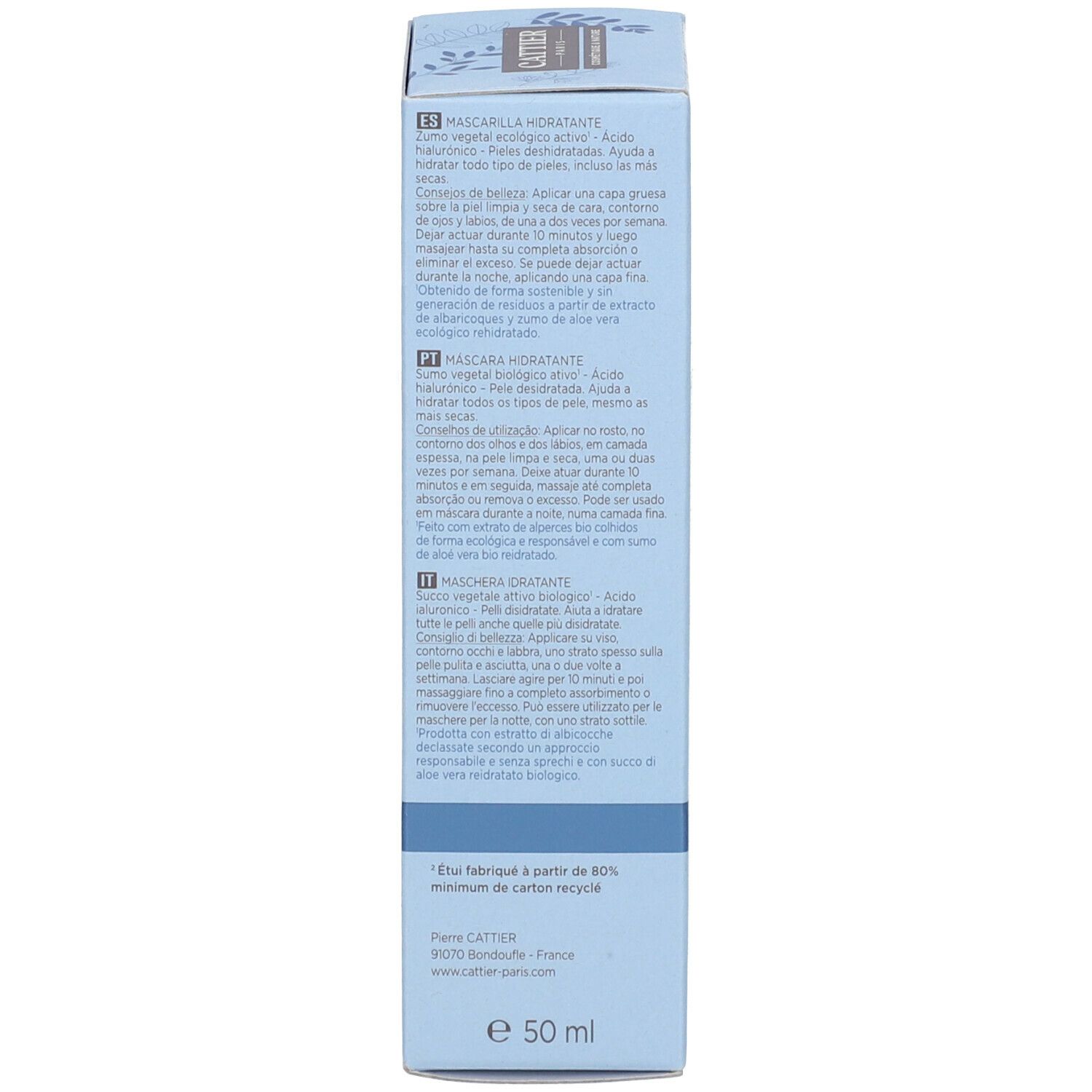 Dos de la boîte bleu clair. Texte multilingue. Volume : 50 ml. Logos : Ecocert, Vegan, symbole de recyclage.