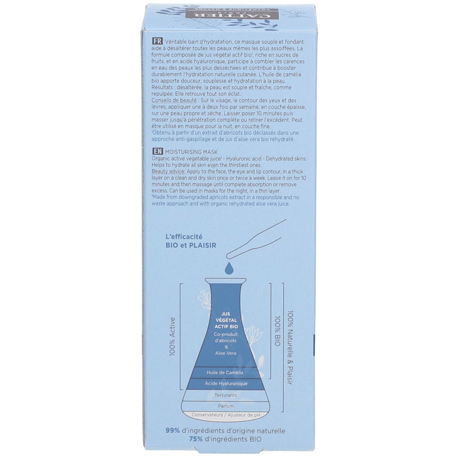 Boîte bleu clair. Diagramme avec ingrédients. Texte : 99% d'ingrédients d'origine naturelle, 75% d'ingrédients issus de l'agriculture biologique.