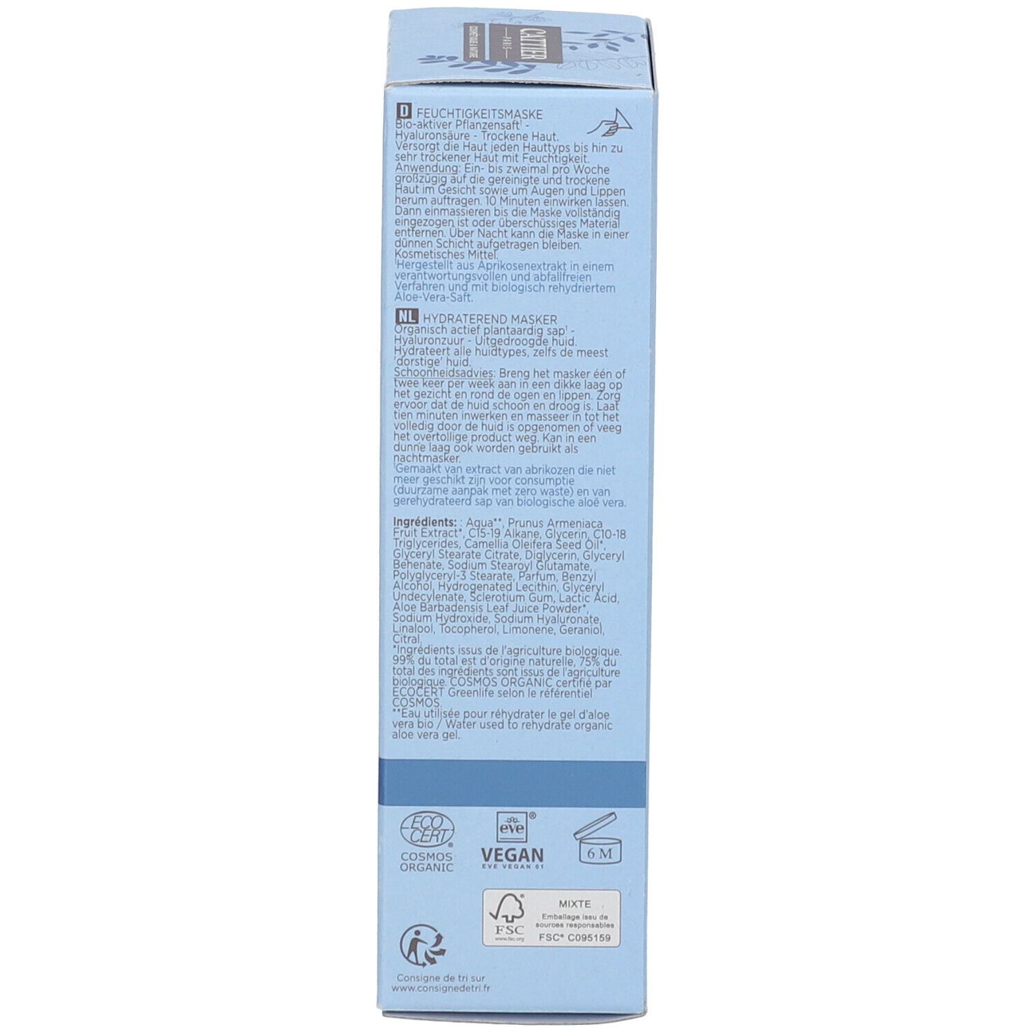 Dos de la boîte bleu clair. Texte multilingue. Logos : Ecocert, Vegan, symbole de recyclage. Volume : 50 ml.