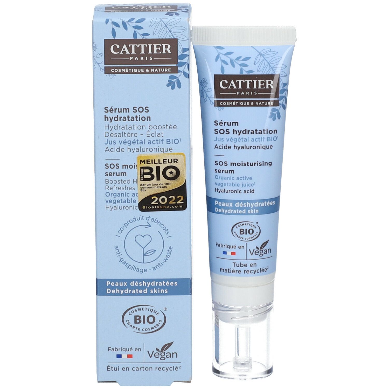 Produktverpackung mit Tube. Aufschrift: CATTIER, Sérum SOS hydratation. Mit Bio-Siegel und Vegan-Logo. Mit Karton.