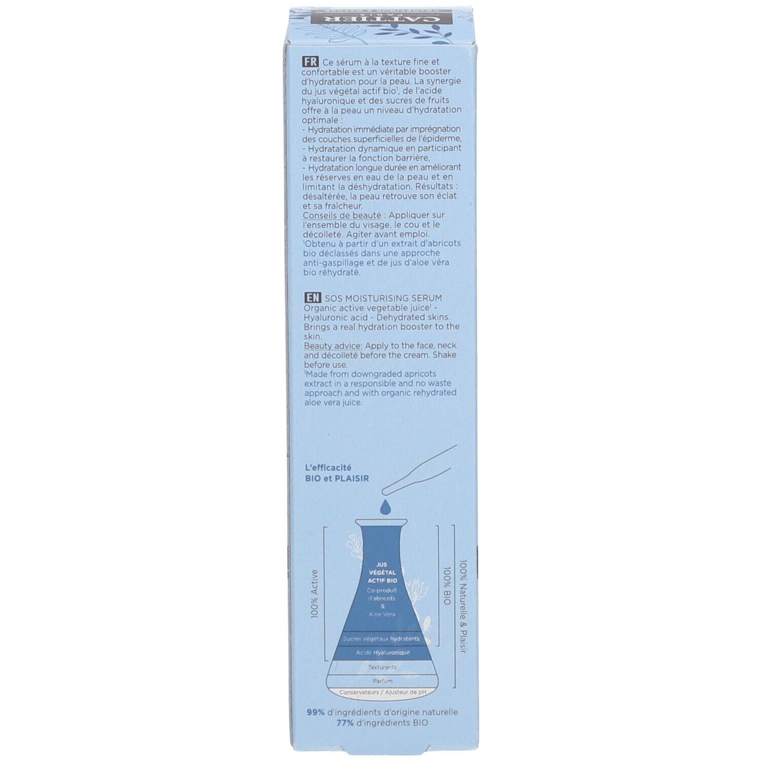 Rückseite der Produktverpackung. Text in mehreren Sprachen. Mit Bio-Siegel und Vegan-Logo. Karton.