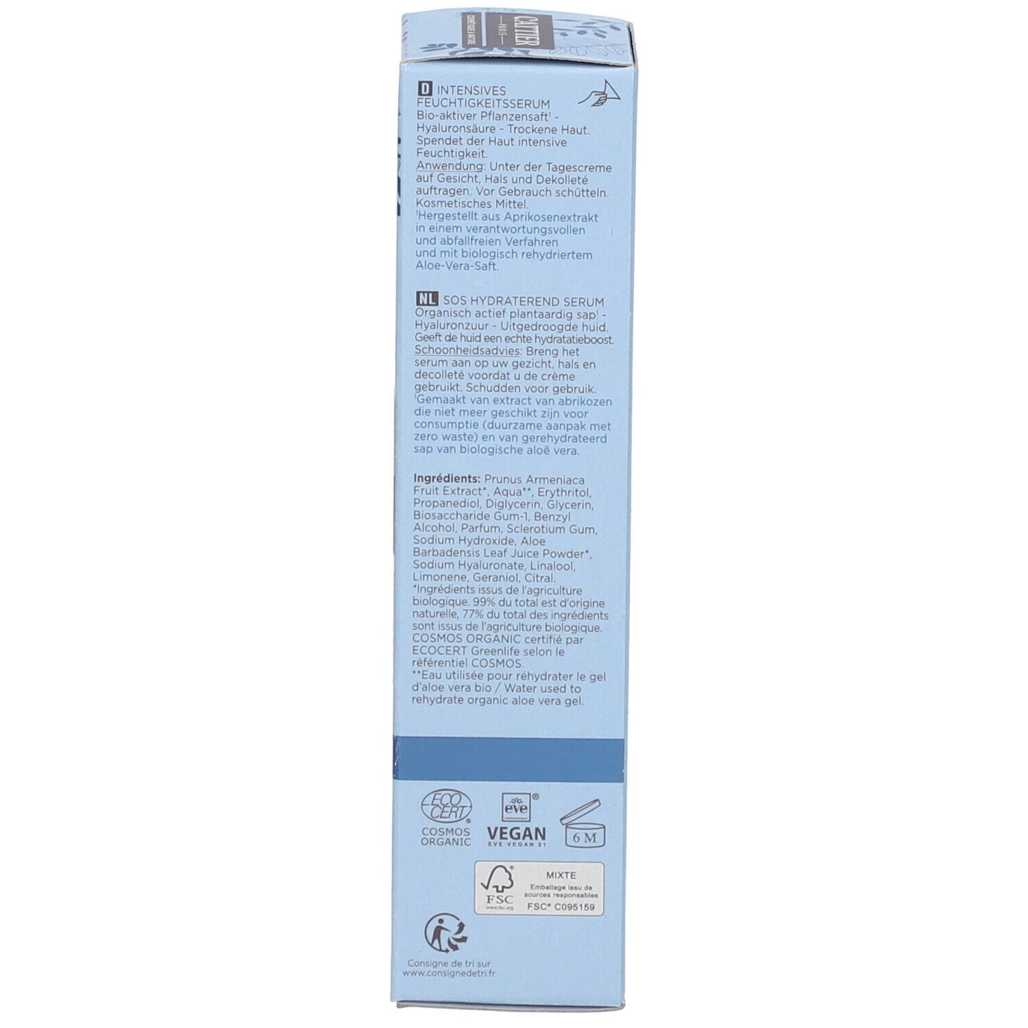 Rückseite der Produktverpackung. Text in mehreren Sprachen. Mit Bio-Siegel und Vegan-Logo. Karton.