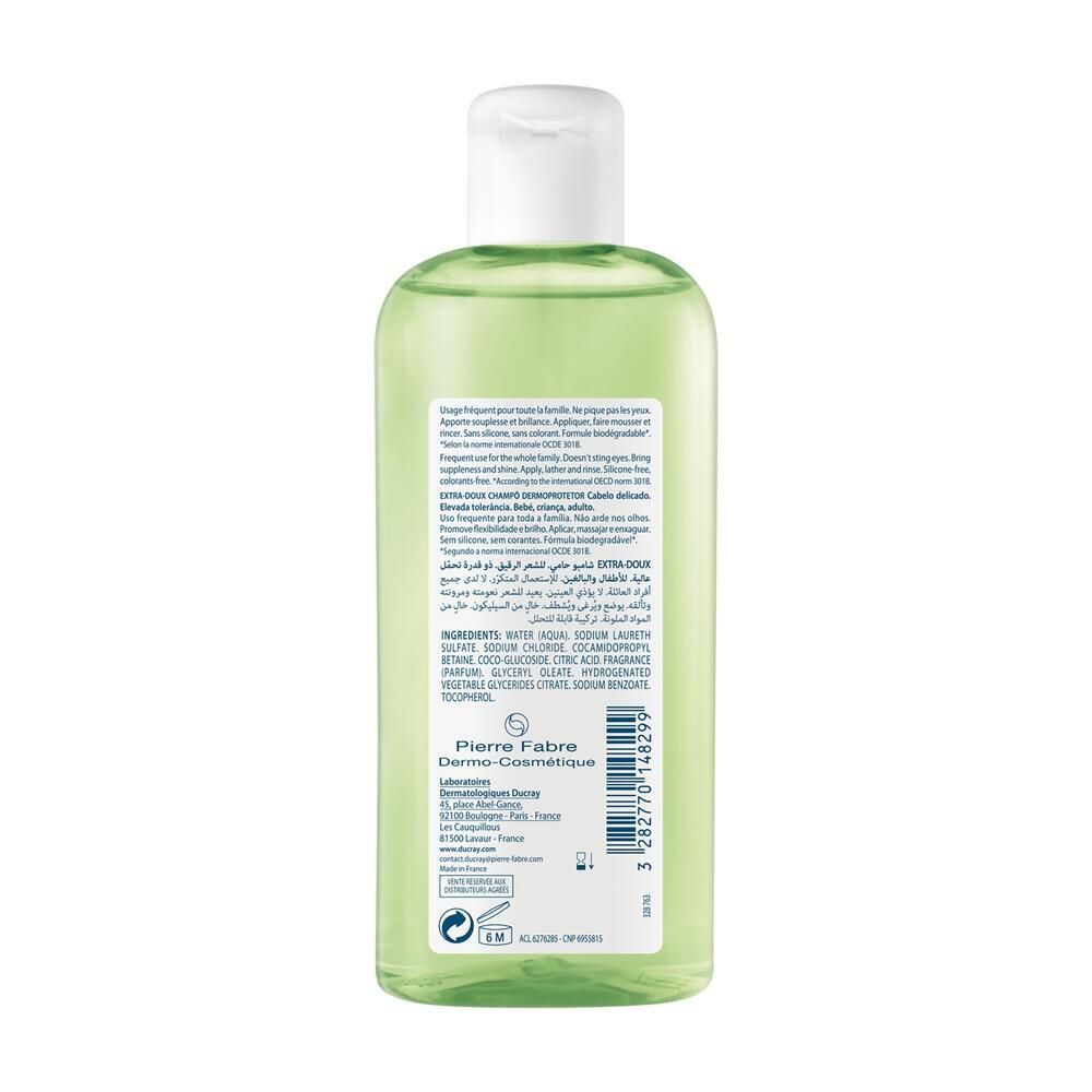 Dos du flacon vert. Texte : ingrédients, Pierre Fabre Dermo-Cosmétique, informations. Symbole de recyclage.