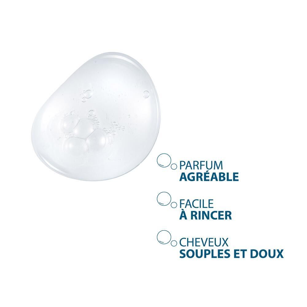 Goutte de shampooing. Texte : parfum agréable, facile à rincer, cheveux souples et doux.