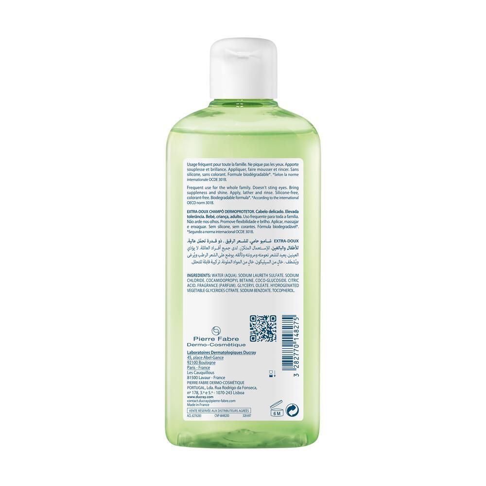 Rückseite der grünen Shampoo-Flasche. Text: Inhaltsstoffe, Pierre Fabre. QR-Code. Recycling-Symbol.