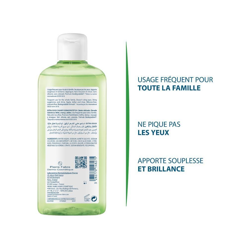 Rückseite der Shampoo-Flasche. Text: Häufige Anwendung für die ganze Familie. Nicht stechend. Macht geschmeidig und glänzend.
