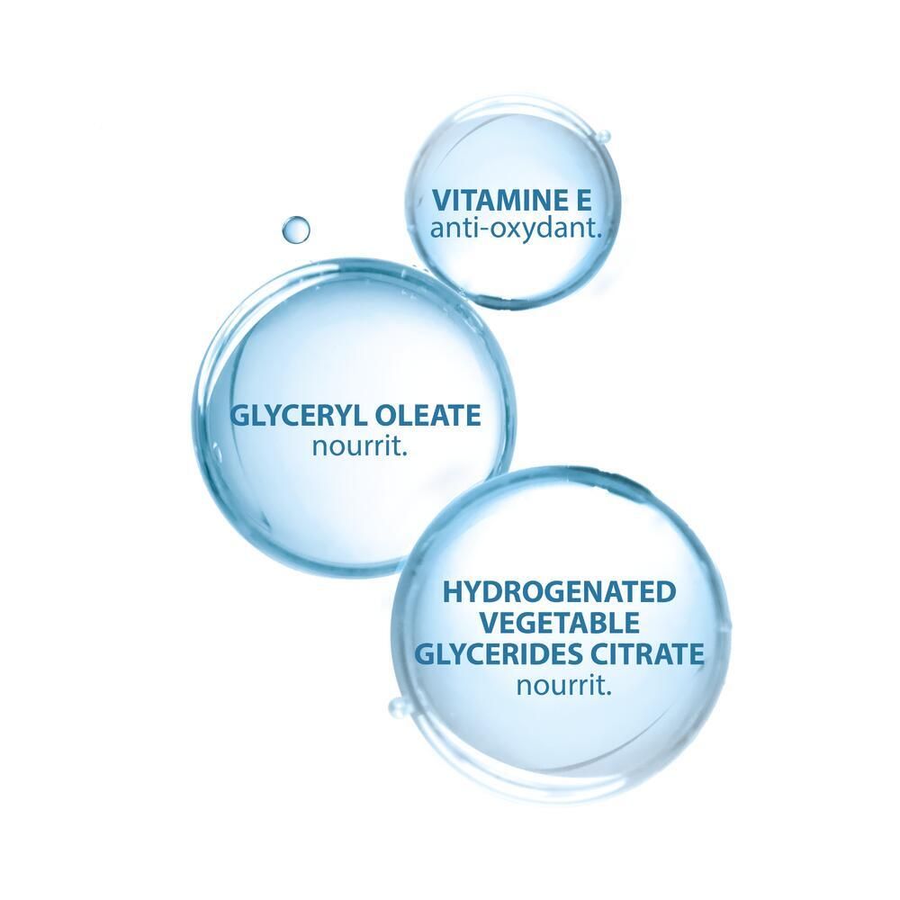 Drei blaue Kreise mit Text: VITAMINE E, GLYCERYL OLEATE, HYDROGENATED VEGETABLE GLYCERIDES CITRATE.