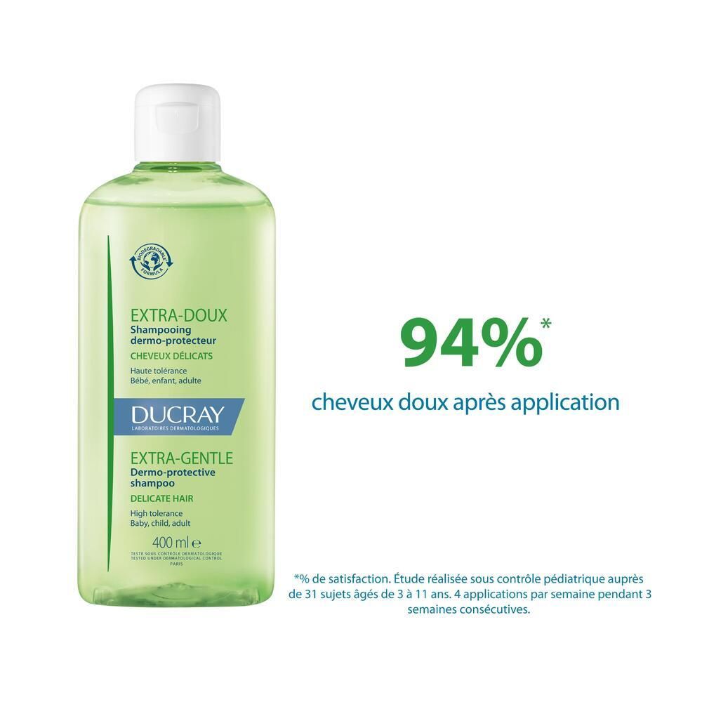 Grüne Shampoo-Flasche. Text: EXTRA-DOUX, EXTRA-GENTLE, DUCRAY. 94% weiches Haar nach der Anwendung.