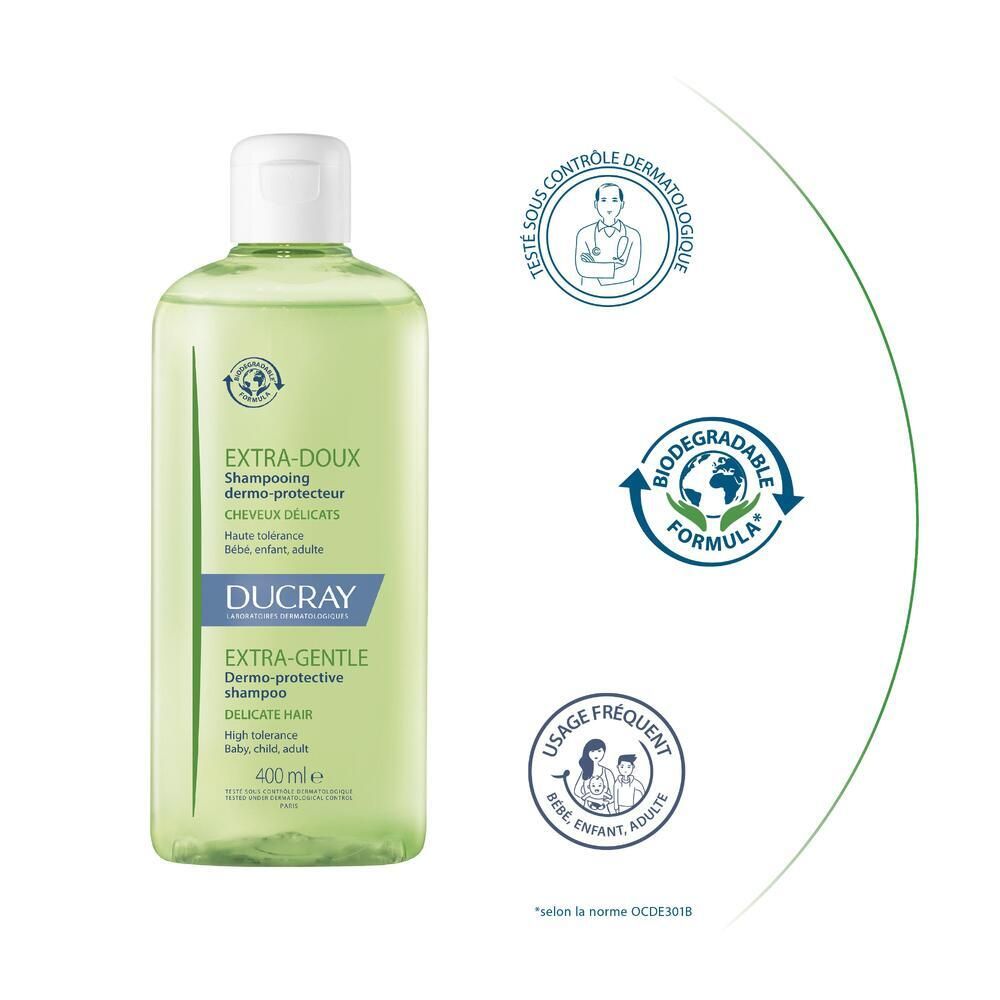 Grüne Shampoo-Flasche. Text: EXTRA-DOUX, EXTRA-GENTLE, DUCRAY. Symbole: Dermatologisch getest, biologisch abbaubar, häufige Anwendung.