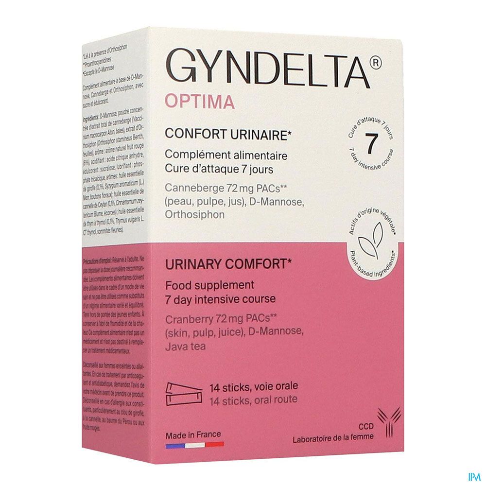 Boîte de Gyndelta Optima. Inscription: Confort Urinaire, cure 7 jours. Contient 14 sticks.