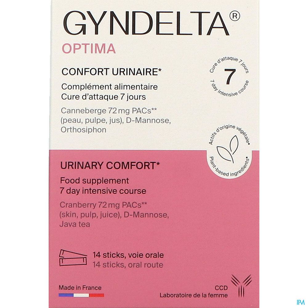 Boîte Gyndelta Optima, rose et blanc. Inscription: Confort Urinaire, cure 7 jours. 14 sticks.