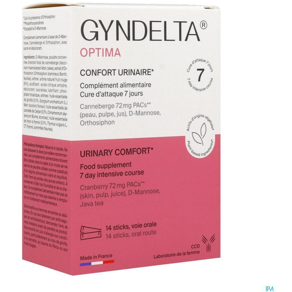 Boîte Gyndelta Optima, rose et blanc. Inscription: Confort Urinaire, cure 7 jours. 14 sticks.