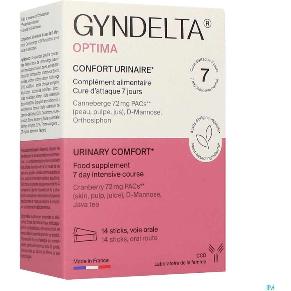Boîte Gyndelta Optima, rose et blanc. Inscription: Confort Urinaire, cure 7 jours. 14 sticks.