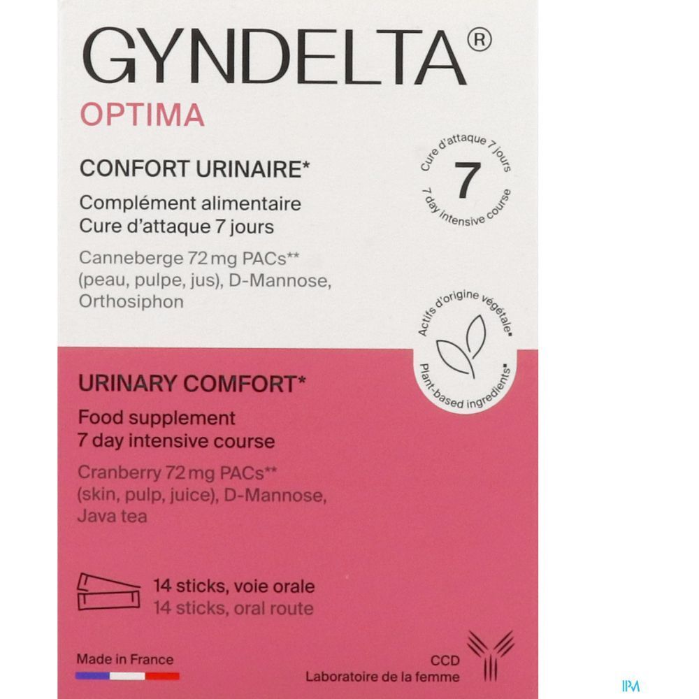 Boîte Gyndelta Optima, rose et blanc. Inscription: Confort Urinaire, cure 7 jours. 14 sticks.