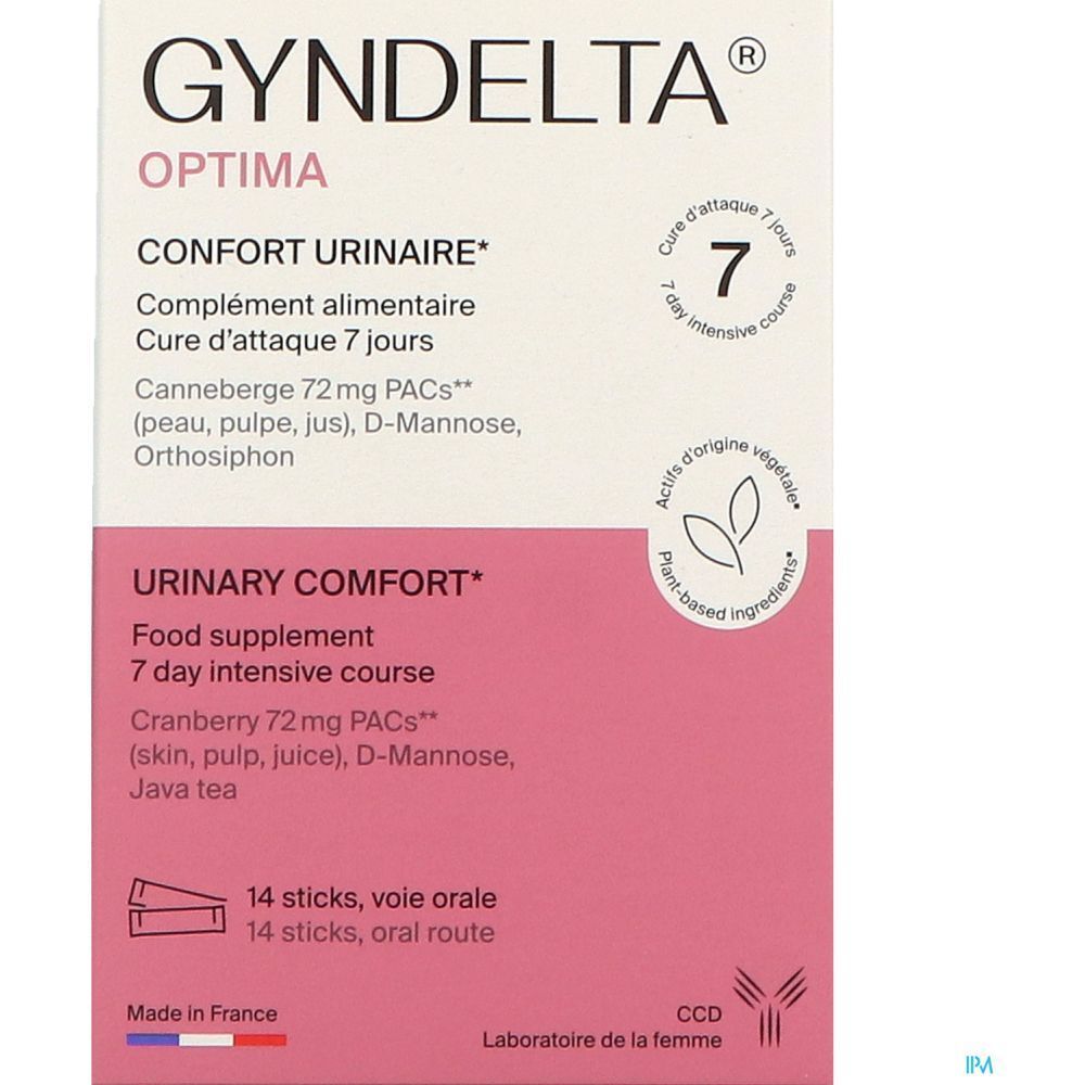 Boîte Gyndelta Optima, rose et blanc. Inscription: Confort Urinaire, cure 7 jours. 14 sticks.