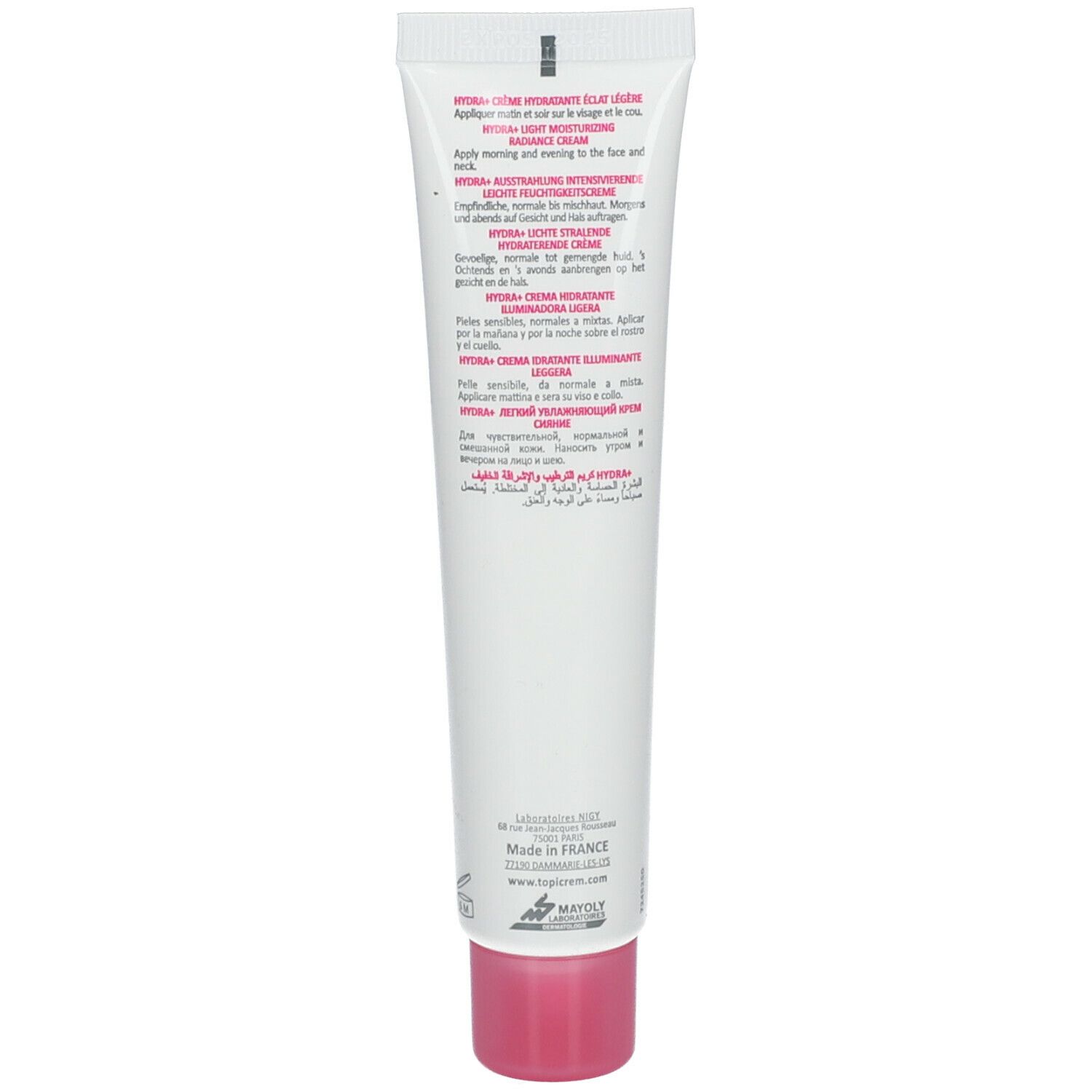Dos du tube TOPICREM HYDRA+ crème. Texte multilingue. Bouchon rose. Fabriqué en France.