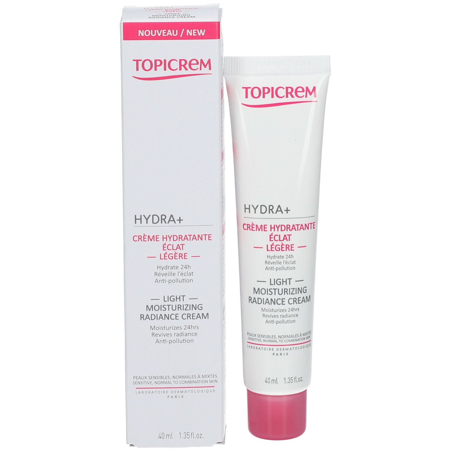 TOPICREM HYDRA+ crème et emballage. Tube et boîte blancs. Texte: Crème hydratante éclat légère, Light moisturizing radiance cream.