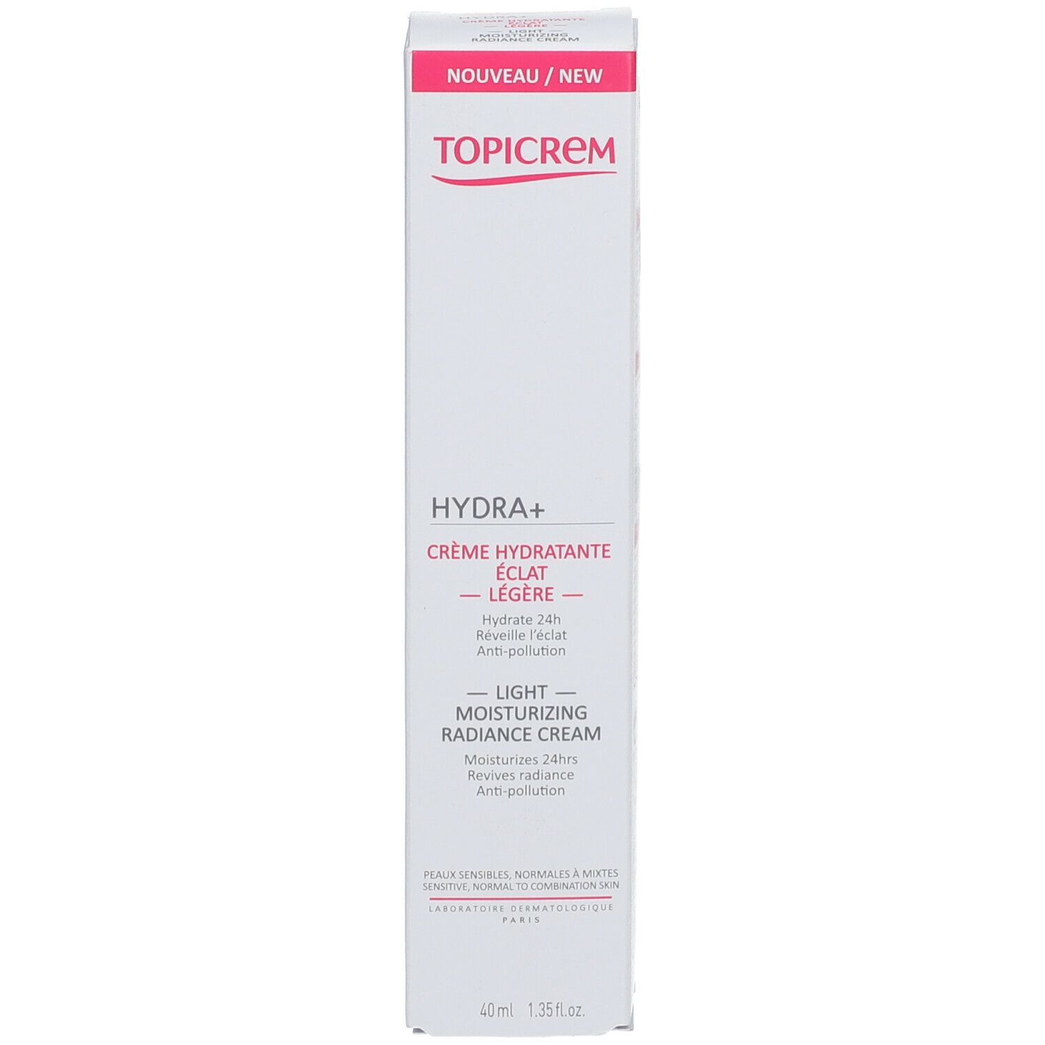 Emballage TOPICREM HYDRA+. Boîte blanche avec accents roses. Texte: Crème hydratante éclat légère, Light moisturizing radiance cream.