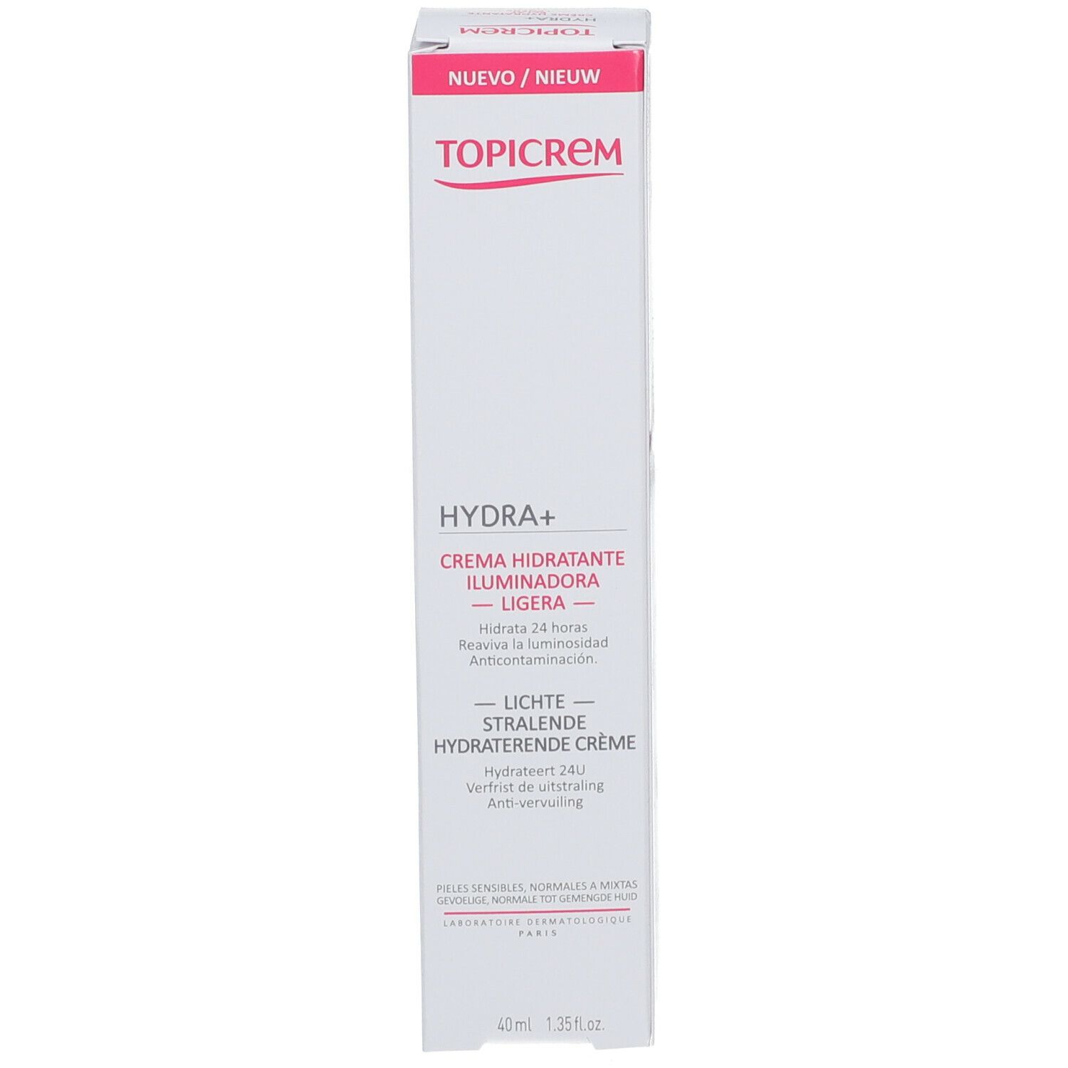 Emballage TOPICREM HYDRA+. Boîte blanche avec accents roses. Texte: Crema hidratante iluminadora, Lichte stralende hydraterende crème.