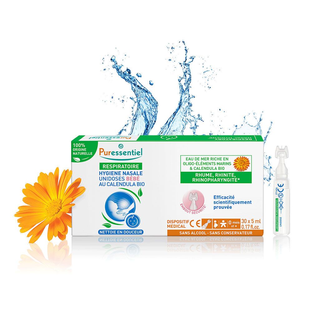 Emballage et unidose avec fleur. Inscription: PURESSENTIEL RESPIRATOIRE, Hygiène Nasale, Unidoses Bébé. Dispositif médical.