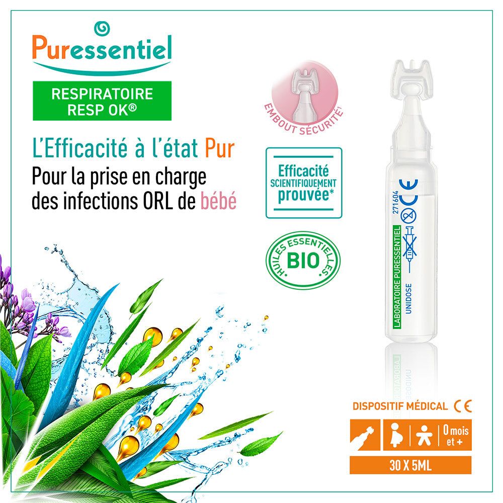 Unidose avec inscription: PURESSENTIEL RESPIRATOIRE. Dispositif médical. Logos: Bio, Made in France, vegan, cruelty free.
