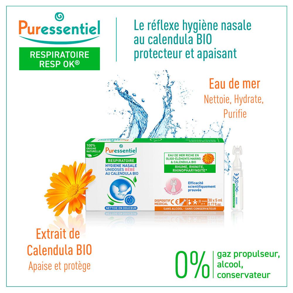 Emballage et unidose avec fleur. Inscription: PURESSENTIEL RESPIRATOIRE, Hygiène Nasale, Unidoses Bébé. Dispositif médical.