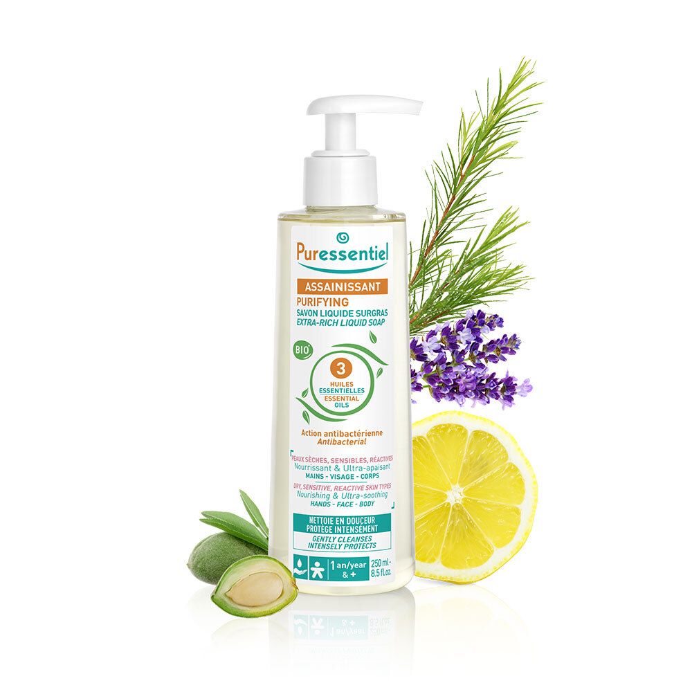 Savon liquide avec pompe. Avec lavande, citron et amandes. Inscription: Puressentiel, purifiant, 3 huiles essentielles.