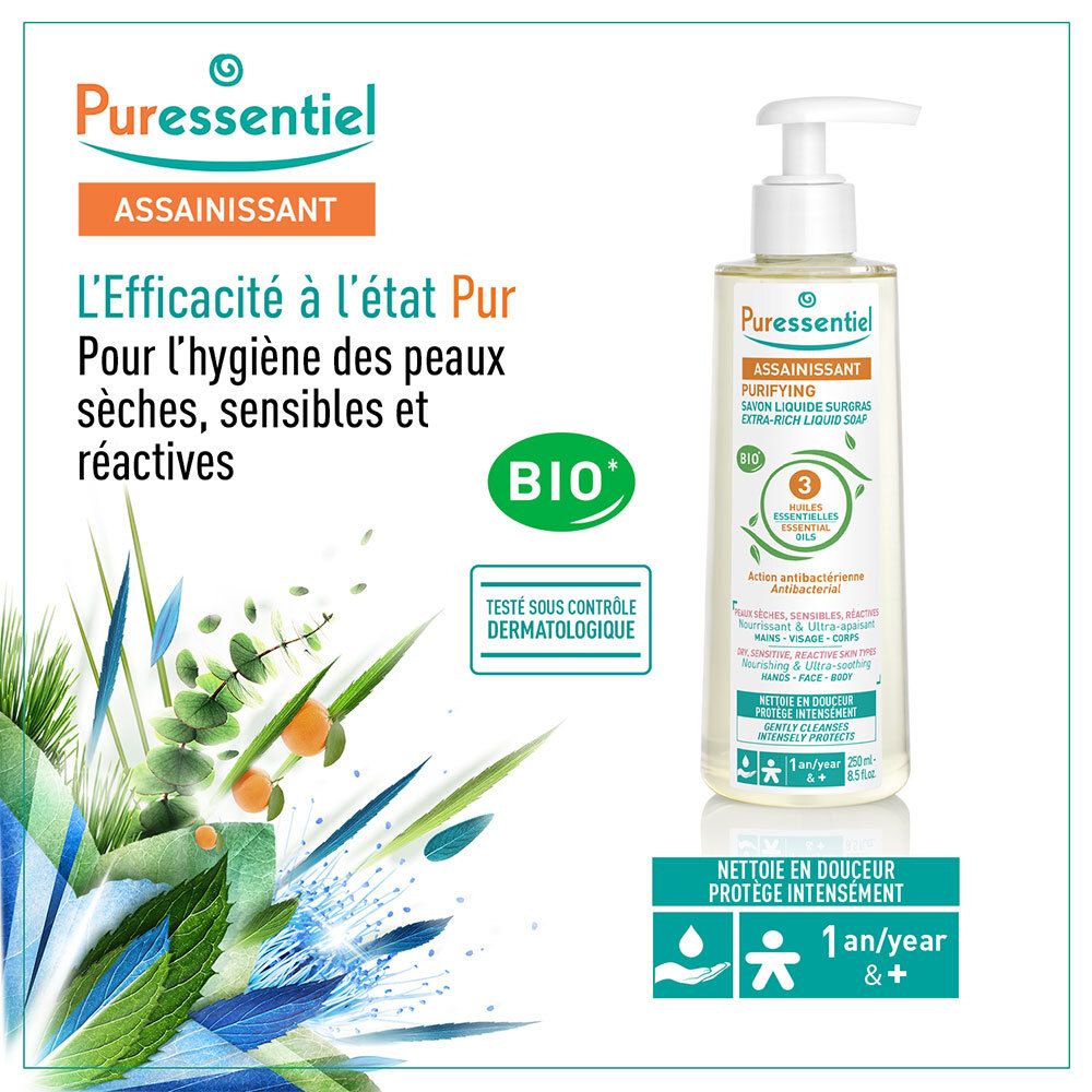 Savon liquide avec pompe. Inscription: Puressentiel, purifiant, pour peaux sèches, sensibles. Certification bio.