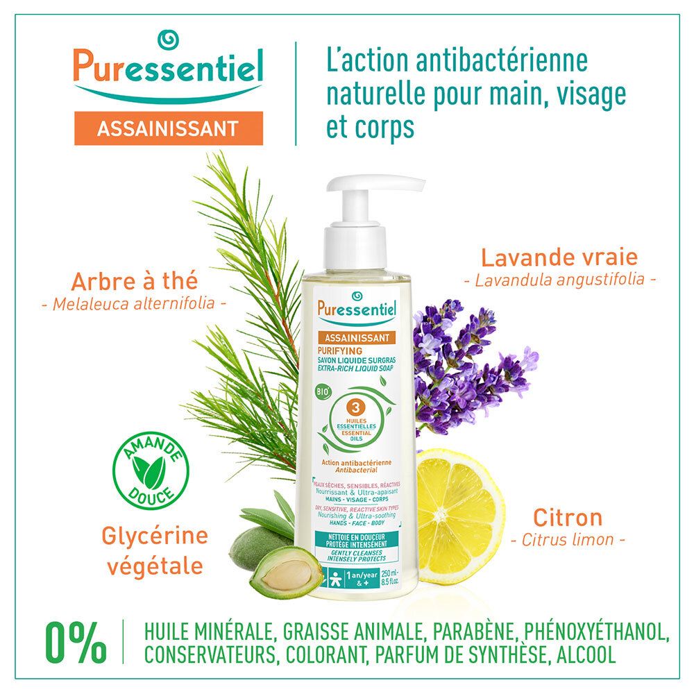 Savon liquide avec pompe. Avec tea tree, lavande, citron, amande. Inscription: Puressentiel, purifiant, antibactérien.