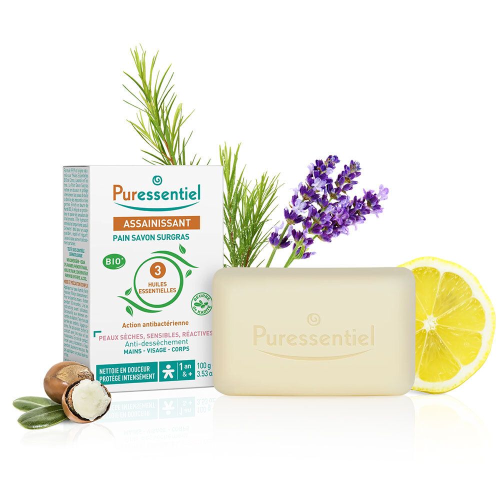 Pain de savon, emballage, lavande, citron, branche. Inscription : Puressentiel, Assainissant.