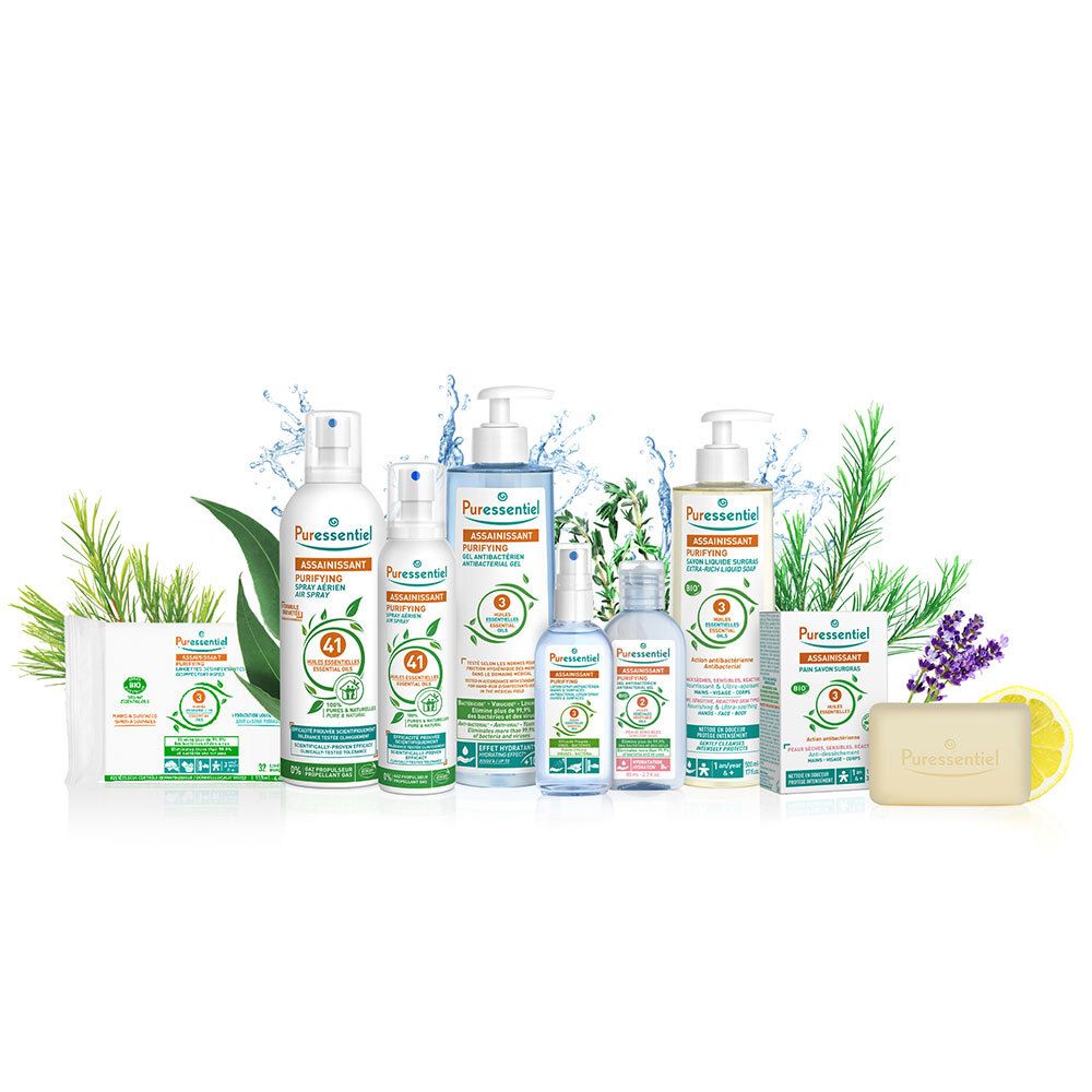 Divers produits. Inscription : Puressentiel, Assainissant, Pain Savon Surgras.