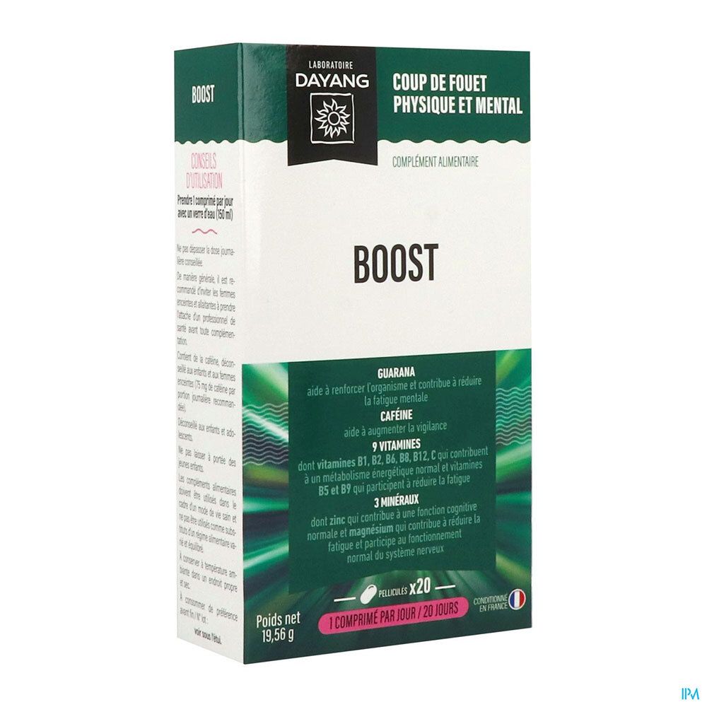 Boîte de complément alimentaire "BOOST". Ingrédients : vitamines, minéraux, guarana. Texte en français. Couleurs : vert et blanc.