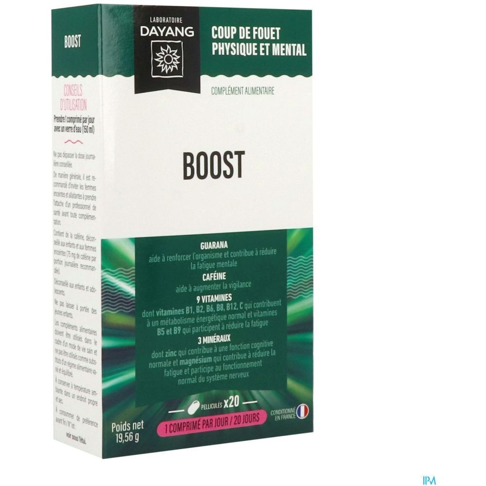 Boîte de complément alimentaire "BOOST". Ingrédients : vitamines, minéraux, guarana. Texte en français. Couleurs : vert et blanc.