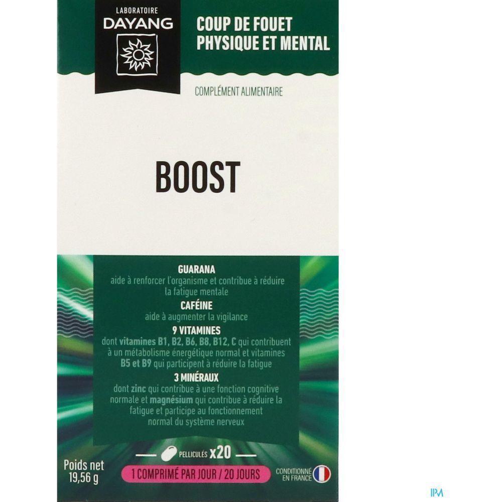 Boîte de complément alimentaire "BOOST". Ingrédients : vitamines, minéraux, guarana. Texte en français. Couleurs : vert et blanc.