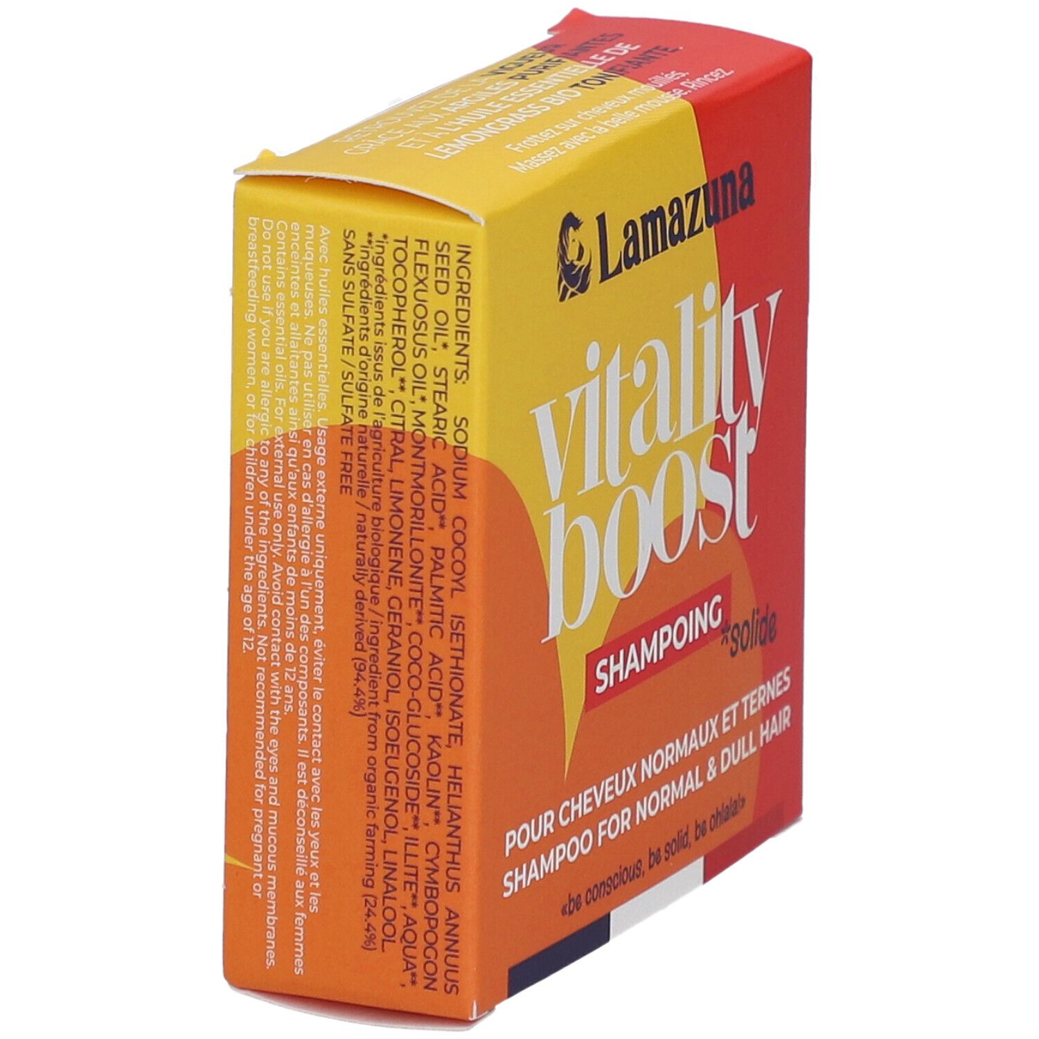 Boîte jaune et rouge. Inscription : Vitality Boost, Shampoing Solide. Pour cheveux normaux et ternes. Marque : Lamazuna. Liste des ingrédients.