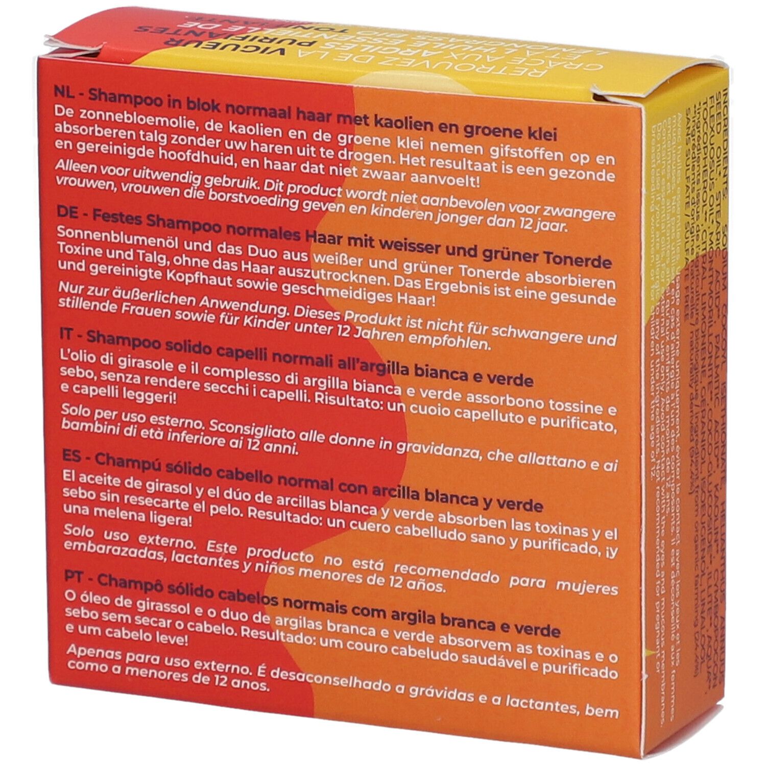 Dos de la boîte jaune et rouge. Texte en allemand, français, italien, espagnol et portugais. Informations sur le produit.