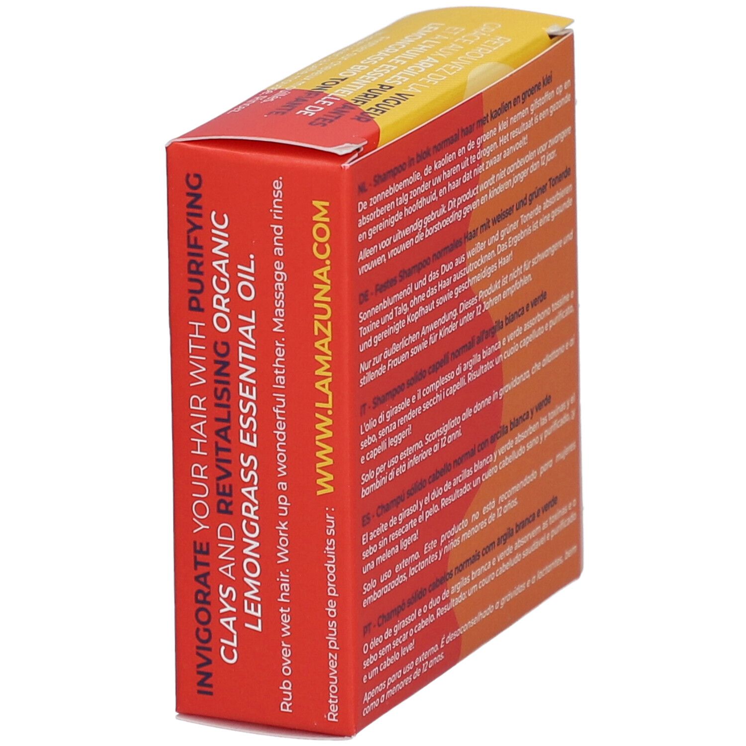 Dos de la boîte jaune et rouge. Texte en allemand, français, italien, espagnol et portugais. Informations sur le produit.