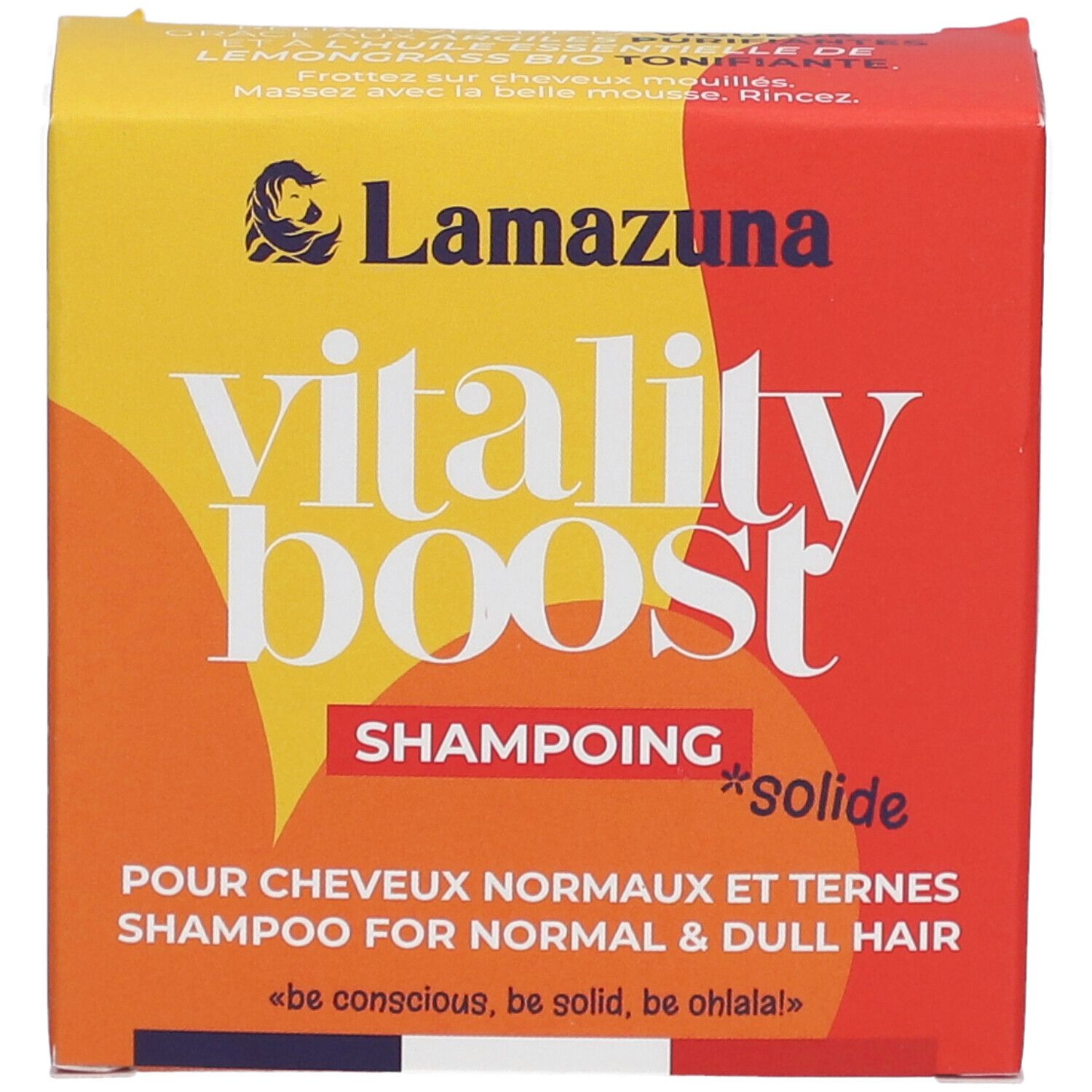 Boîte jaune et rouge. Inscription : Vitality Boost, Shampoing Solide. Pour cheveux normaux et ternes. Marque : Lamazuna.
