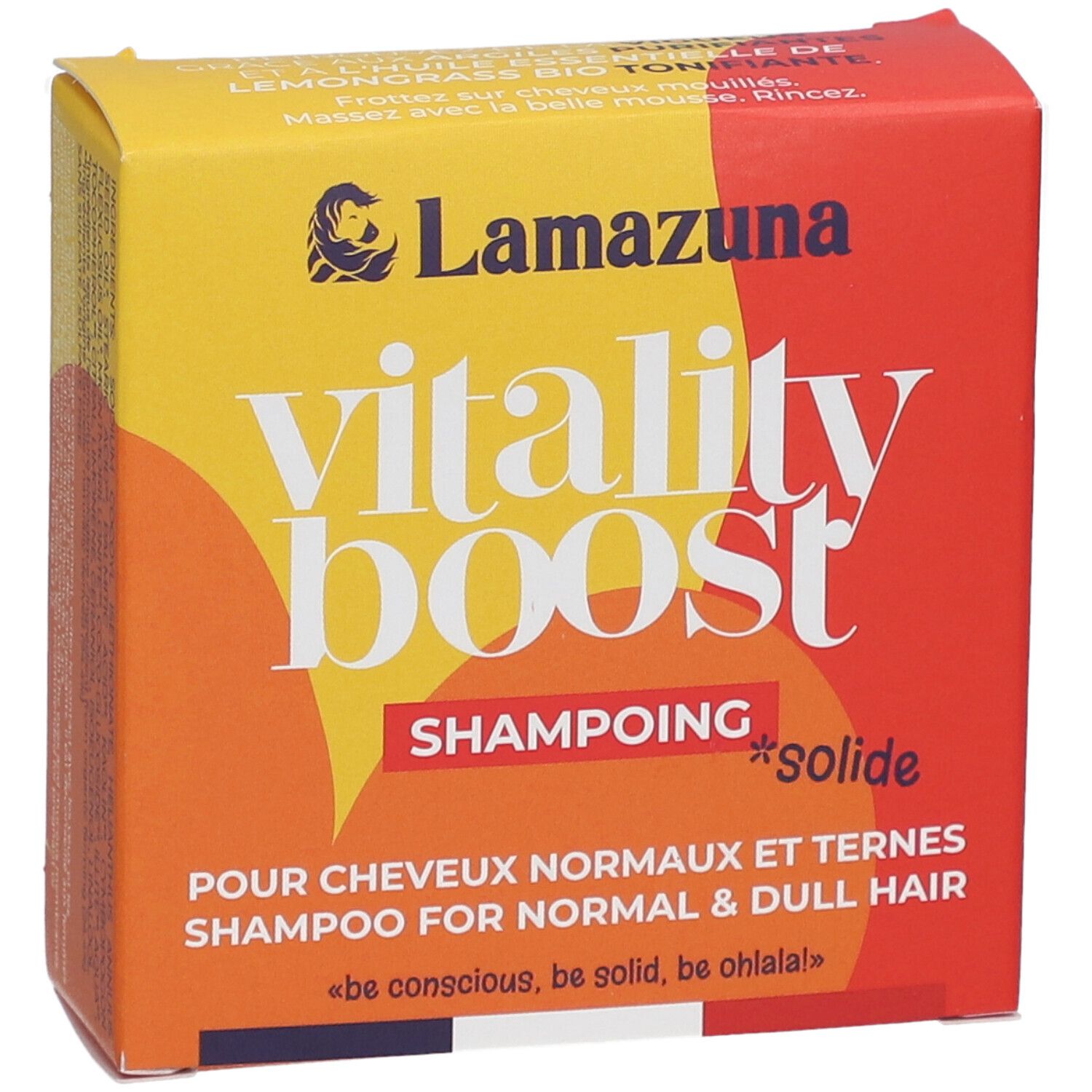 Boîte jaune et rouge. Inscription : Vitality Boost, Shampoing Solide. Pour cheveux normaux et ternes. Marque : Lamazuna.