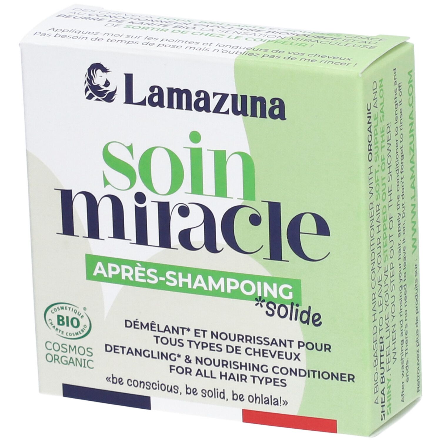 Grüne Schachtel mit "Soin Miracle Après-Shampoing Solide"-Aufdruck. Bio-Zertifizierung. Text in Französisch und Englisch.